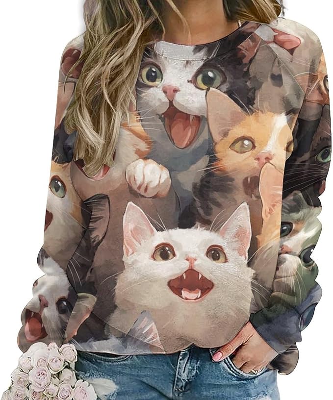 Fall Sweaters for Women 2024 Cat Print Long Sleeve Casual Crewneck Warm Fall Pullover Comfy Fashion Sweatshirts