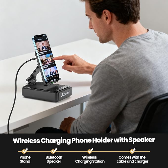 Gifts for Men and Women, Wireless Phone Charger Stand with Bluetooth Speaker and Adjustable Angle Phone Holder for Desk Tech Gift for Birthday/Anniversary (Black)