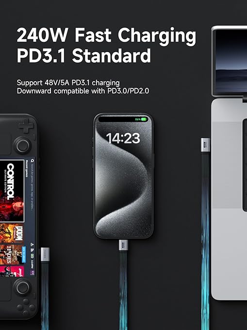 Hagibis USB4 Cable, 80Gbps Data Transfer, 240W Fast Charging USB-C Cable, 8K@60Hz USB 4 V2.0 Short Cable for iPhone 17 16 15 Pro Max, iPad Pro, Thunderbolt 5/4 (Side 90 Degree, 0.3FT)