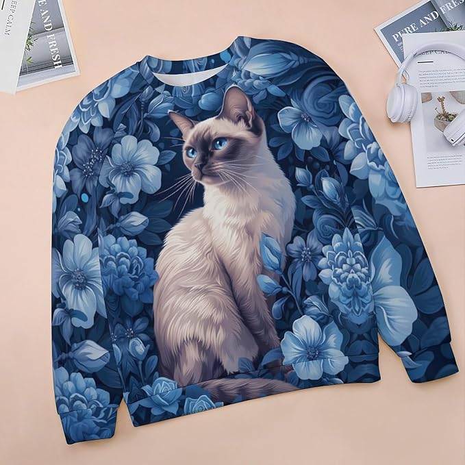Sweatshirt for Women Cat Print Fashion Funny Plus Size Ladies Dressy Crewneck Casual Trendy Tee Shirts