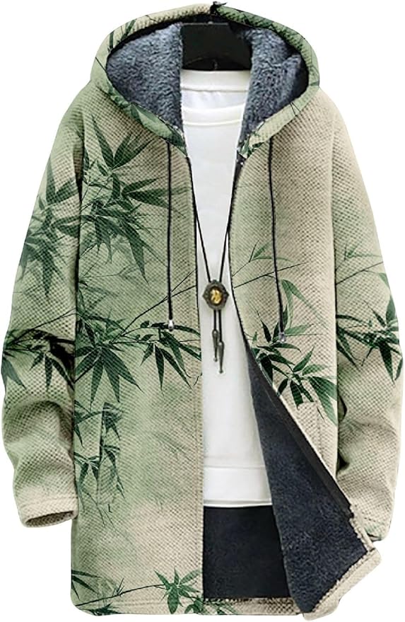 2025 Men's Ethnic Pattern Hooded Jacket Long Cardigan Hoodies Full Zip Vintage Knitted Zipper Coat with Pocket