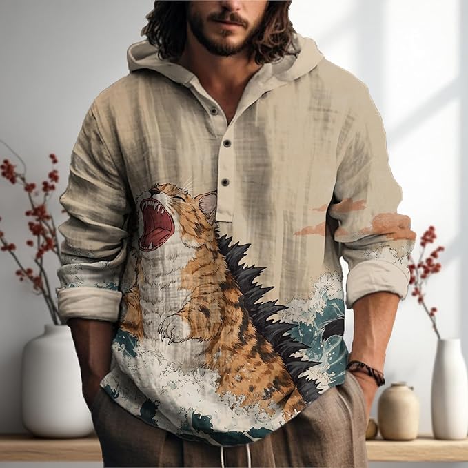MARSVOVO Mens Japanese Art Long Sleeve Hooded Shirts Lightweight Quarter Button Hoodie Casual Cool Tops for Spring Fall