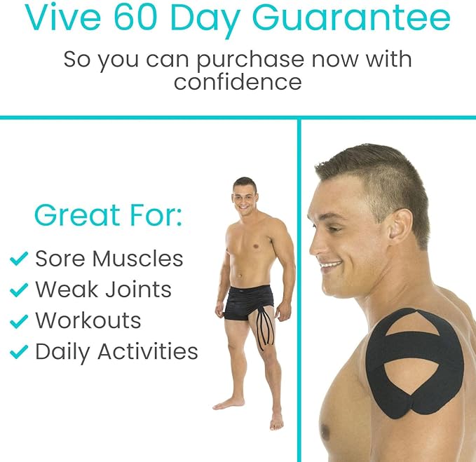Vive Kinesiology Tape (105 Feet) - Therapeutic Athletic Support Tape - Uncut Kensio Roll - Muscle and Joint Recovery for Shoulder, Back, Knee, Elbow and Ankle Pain Relief - Waterproof for Sports