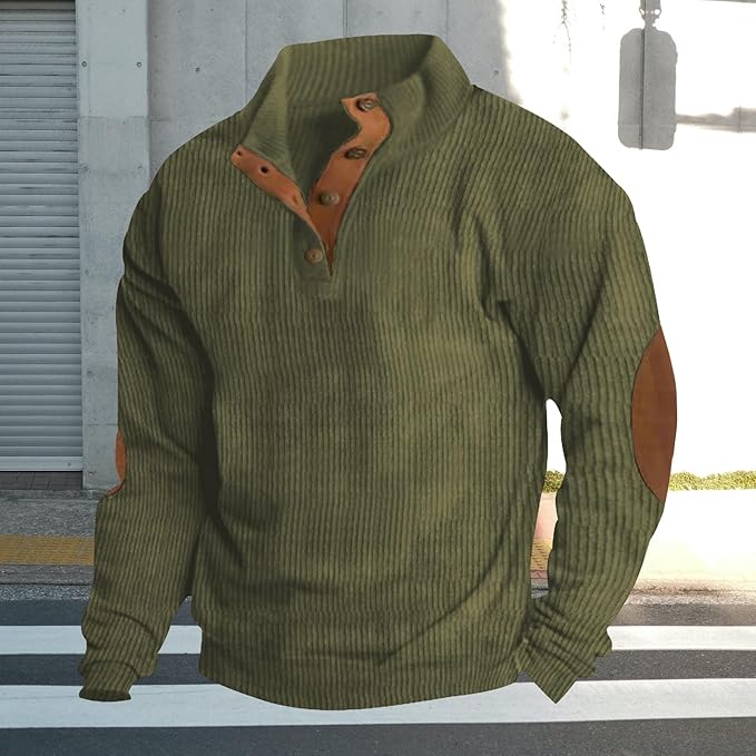 Men's Casual Corduroy Sweatshirt Long Sleeve Elbow Patches Pullover Fashion Stand Collar Quarter Button Sweatshirts