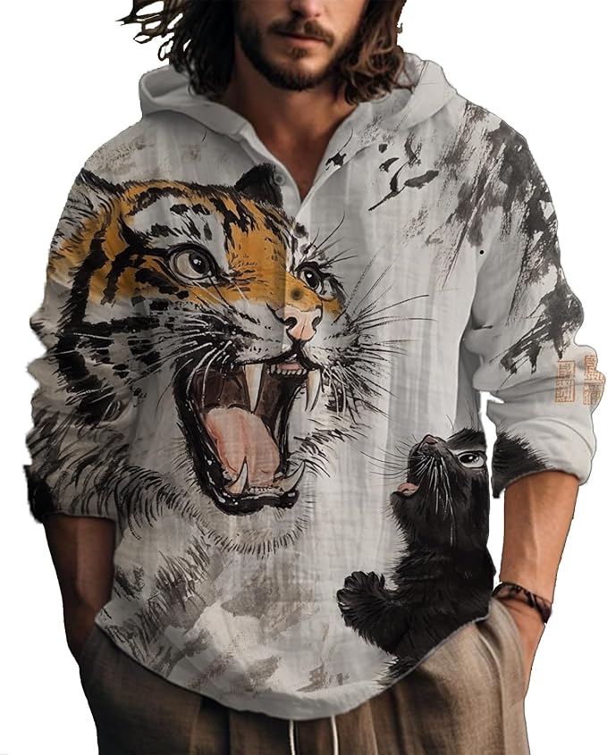 MARSVOVO Hooded Long Sleeve Shirt Men Fashion Graphic Button Up Lightweight Big and Tall Casual Vacation Shirts for Men