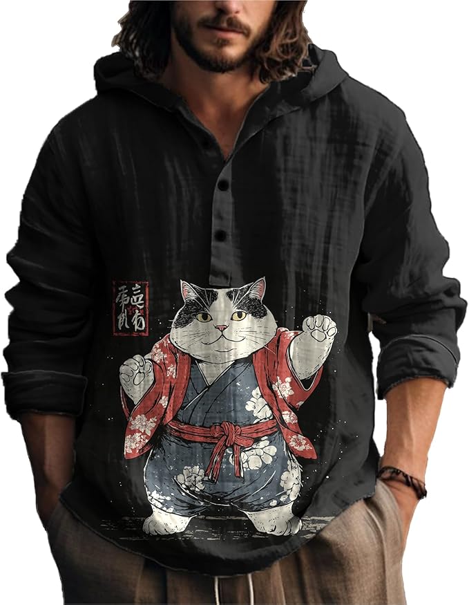 MARSVOVO Mens Japanese Art Long Sleeve Hooded Shirts Lightweight Quarter Button Hoodie Casual Cool Tops for Spring Fall