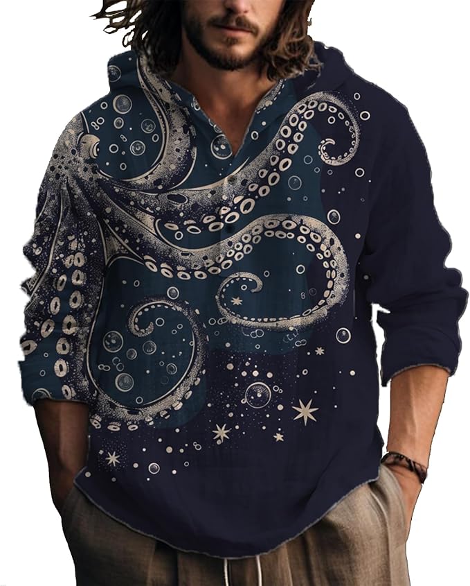 MARSVOVO Hooded Long Sleeve Shirt Men Fashion Graphic Button Up Lightweight Big and Tall Casual Vacation Shirts for Men