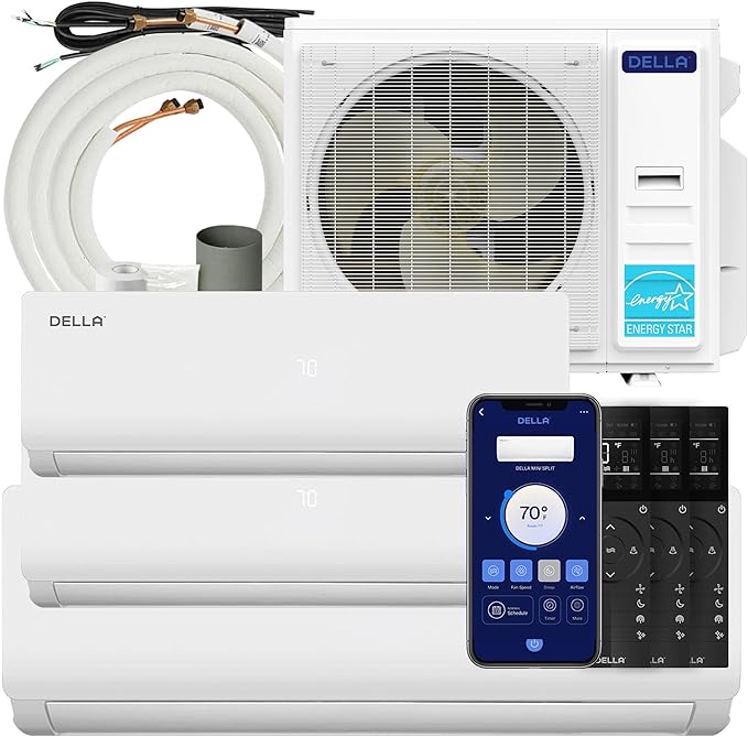 Della 45K BTU ODU Tri 3 Zone 12K 12K 18K BTU 19 SEER2 208-230V Cools Up to 2100 Sq.Ft, Works with Alexa and Wifi, Energy Efficient, Multi Zone Mini Split AC Pre-Charged Heat Pump,16ft Kits