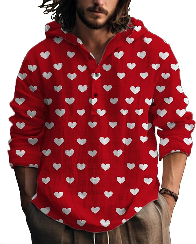 MARSVOVO Hooded Long Sleeve Shirt Men Fashion Graphic Button Up Lightweight Big and Tall Casual Vacation Shirts for Men