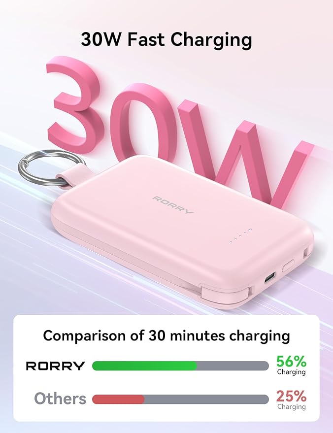 RORRY Portable Charger, 10000mAh PD 30W Fast Charging Portable Charger Power Bank with Built-in Cables, Travel Keychain Charger Battery Pack for iPhone 17/16/15/14/13/12, for AirPods 2/3/4/Pro, Green