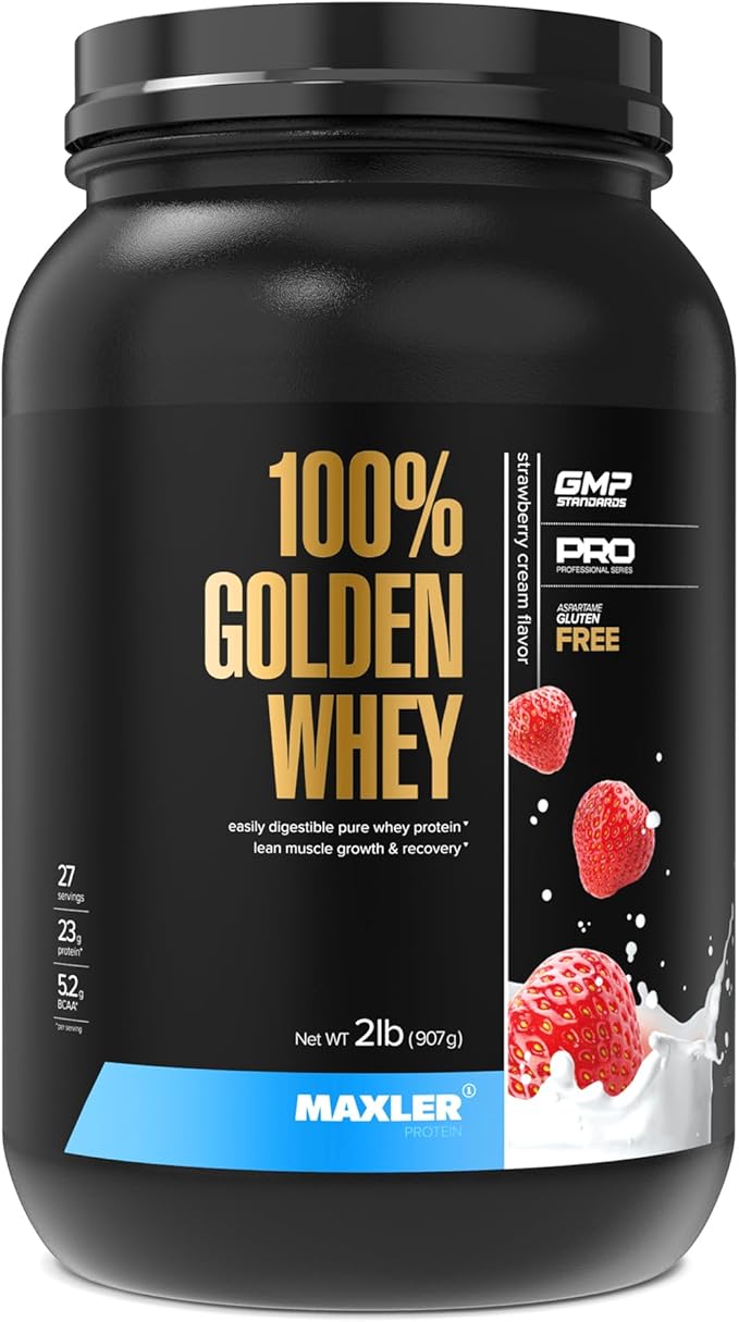 Maxler 100% Golden Whey Protein - 23g of Protein per Serving - Whey Protein Powder for Pre Post Workout - Fast-Absorbing Whey Concentrate, Isolate & Hydrolysate Blend - Strawberry Cream 2 lb