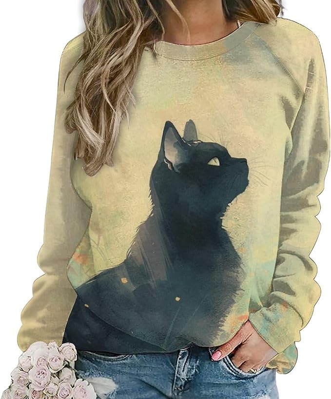 Long Sleeve Shirts for Women Cat Printed Fall Winter Dressy Holiday Casual Fashion Crewneck Tunic Tee Shirts