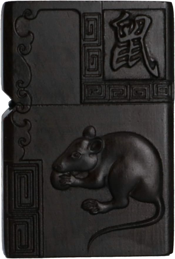 Natural Ebony Black Wood Carved Lighter Shell Box For Zippo Module (Zodiac Mouse)