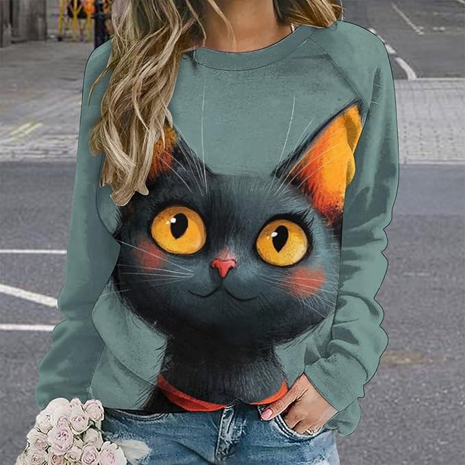 Long Sleeve Shirts for Women Cat Printed Fall Winter Dressy Holiday Casual Fashion Crewneck Tunic Tee Shirts