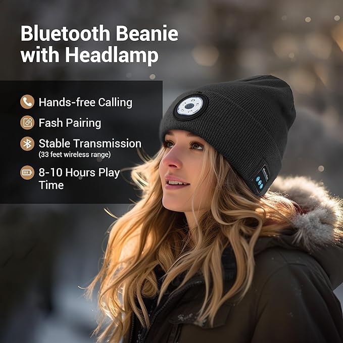 Bluetooth Beanie with Light, HD Stereo Sound, USB Rechargeable Headlamp for Hiking Fishing, Gift for Men Women Teen