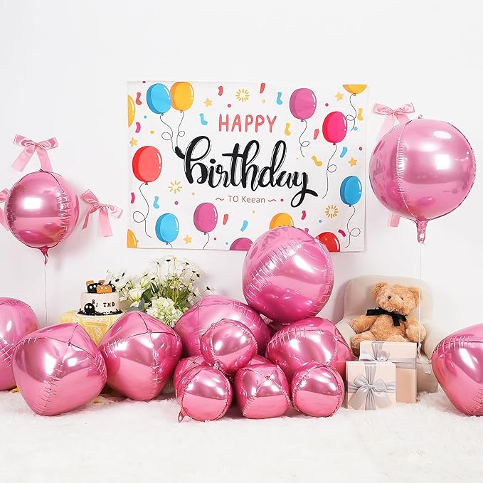 12Pcs Pink Round Foil Balloons, 22" 15" 10" 4D Helium Ball Balloon, Metallic Pink Foil Balloon for Birthday Valentine's Day Graduation Wedding Anniversary Disco Prom Party Decorations