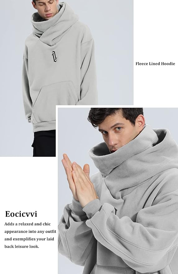 Fleece Hoodies for Men Cowl Neck Sweatshirts Hood with neck Gaiter Casual Pullover Fall Winter with Embroidery