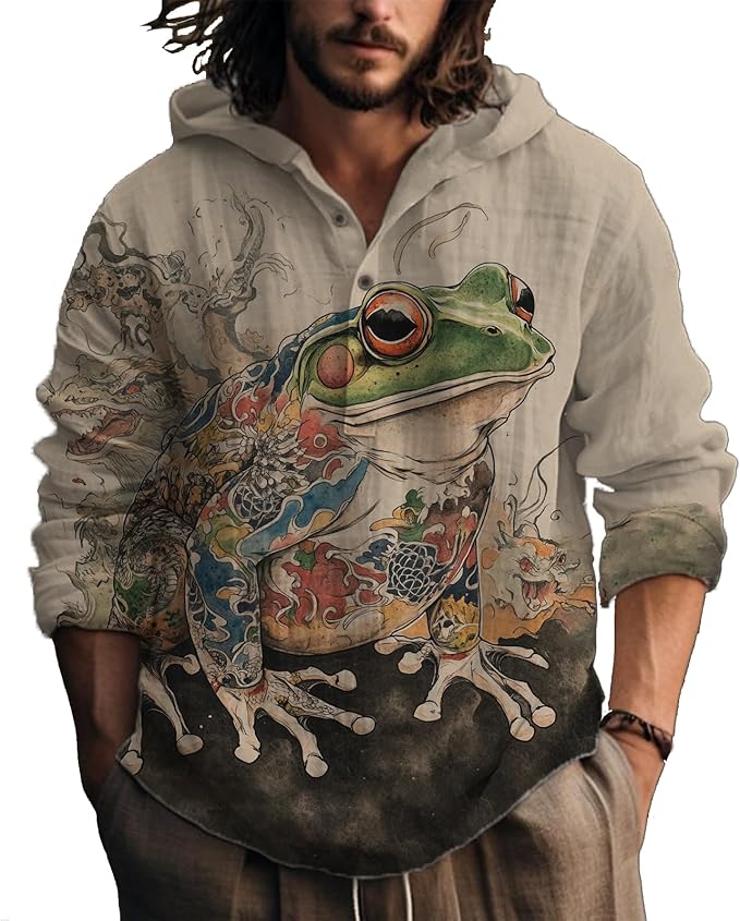 MARSVOVO Hooded Long Sleeve Shirt Men Fashion Graphic Button Up Lightweight Big and Tall Casual Vacation Shirts for Men