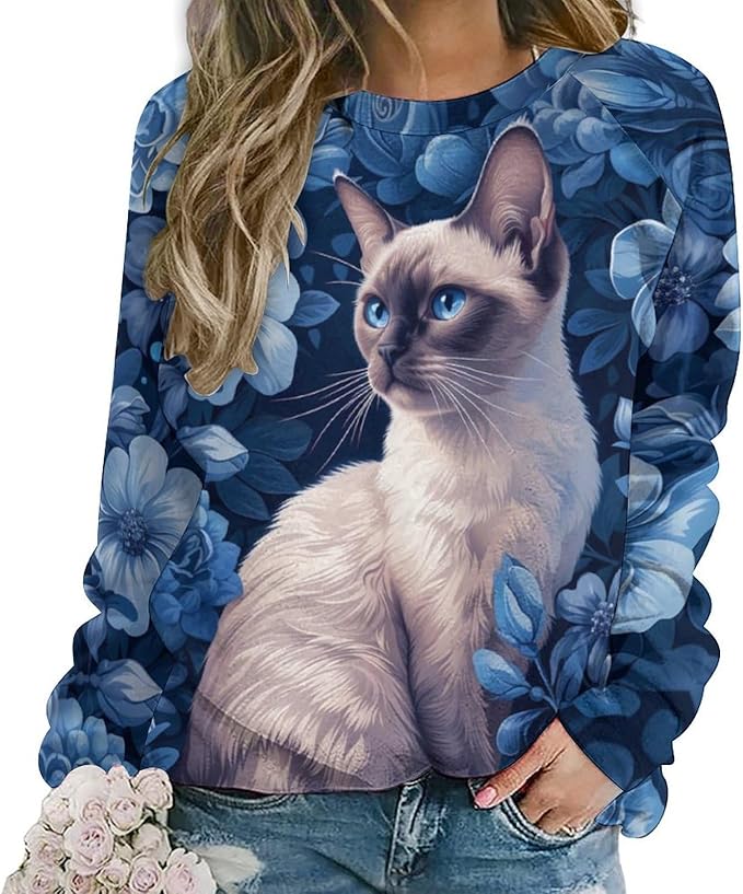 Sweatshirt for Women Cat Print Fashion Funny Plus Size Ladies Dressy Crewneck Casual Trendy Tee Shirts