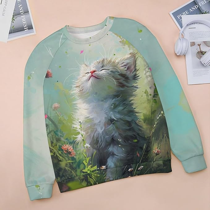 Long Sleeve Shirts for Women Cat Printed Fall Winter Dressy Holiday Casual Fashion Crewneck Tunic Tee Shirts