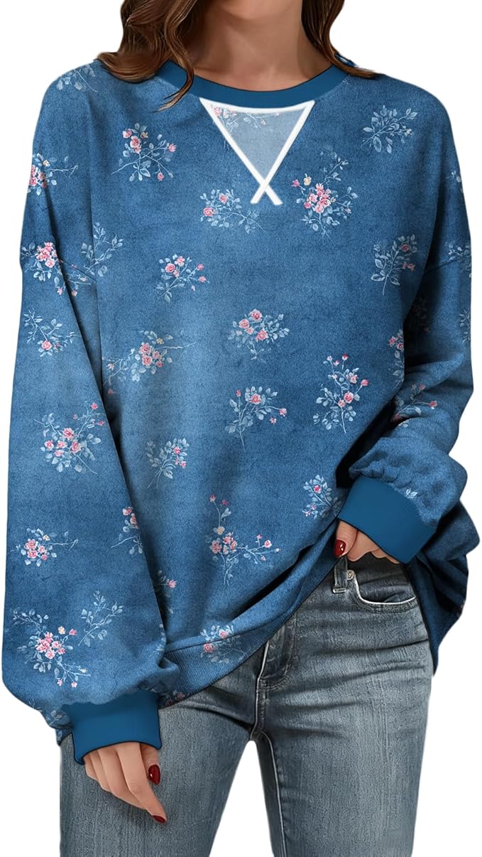 Womens Sweatshirts Fahsion Floral Print Long Sleeve Comfy Fall Tops Oversized Casual Crewneck Pullover Shirts