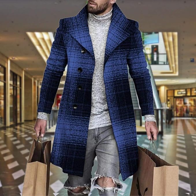 Men's Plaid Long Trench Coat Mid - Length Lapel Collar Button Down Warm Overcoat for Winter & Autumn Fashion