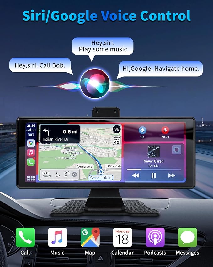 Wireless Carplay Screen for Car 10.26" Portable Touchscreen Car Stereo for Apple Carplay & Android Auto with 4K 360 Rotation Dash Cam & 1080P Backup Camera, Mirror Link, Siri, GPS Navigation, FM