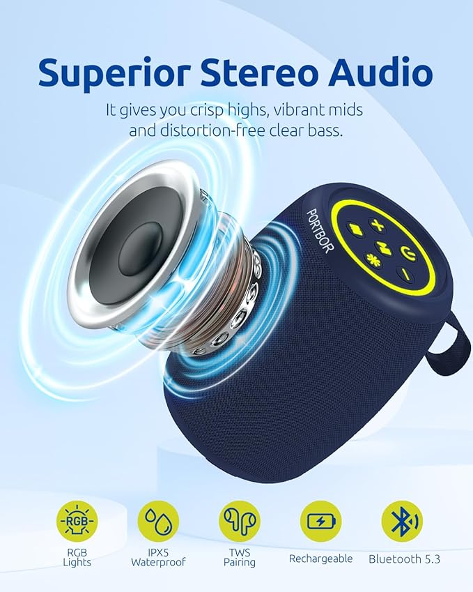 Portable Bluetooth Speaker, Powerful Loud Sound Wireless Speaker, Bluetooth V5.3, IPX5 Waterproof, TWS Pairing, Small Speakers for Outdoor Home Party Beach Shower, Holiday Birthday Electronics Gift