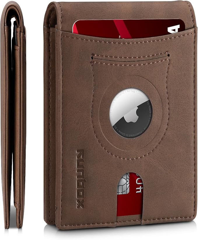 RUNBOX AirTag-Wallet-Mens-Slim-RFID Blocking Wallets Leather with Bill Compartment Air Tag Bifold Card Holder Wallet Gifts for Men Dad