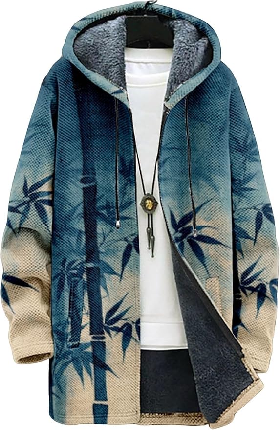 2025 Men's Ethnic Pattern Hooded Jacket Long Cardigan Hoodies Full Zip Vintage Knitted Zipper Coat with Pocket