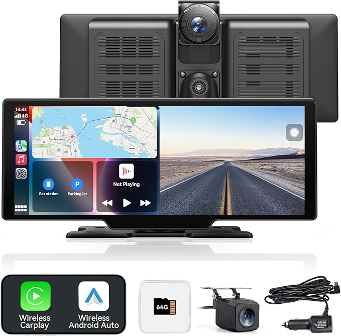 Portable Apple Carplay Screen for Car, 10.26" Wireless Car Play Touchscreen with 4K Dash Cam, 1080P Backup Camera, Carplay&Android Auto, Loop Recording, GPS Navigation, Bluetooth
