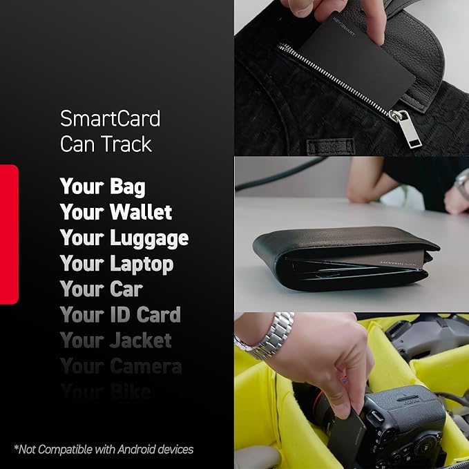 KeySmart MFI-Certified SmartCard Wallet Tracker Card, Compatible with Apple Find My App, Rechargeable Thin GPS Item Finder for Luggage Tag, Smart Bluetooth Tracking with Key Chain Hole Black, 3 Pack
