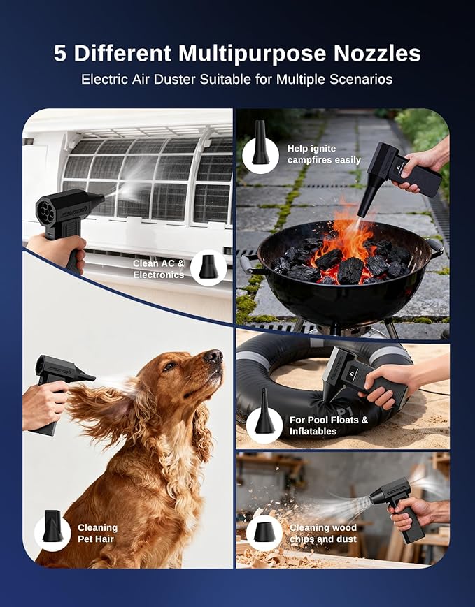 PECCODE Compressed Air Duster - Rechargeable Electric Air Blower for Keyboard,Camera,PC Vents,Car Interiors & Home,Outdoor Dusting - 280,000 RPM,5 Nozzles,4 Speeds,Fast Charging
