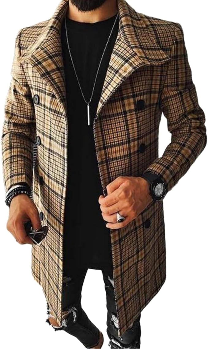 Men's Plaid Long Trench Coat Mid - Length Lapel Collar Button Down Warm Overcoat for Winter & Autumn Fashion