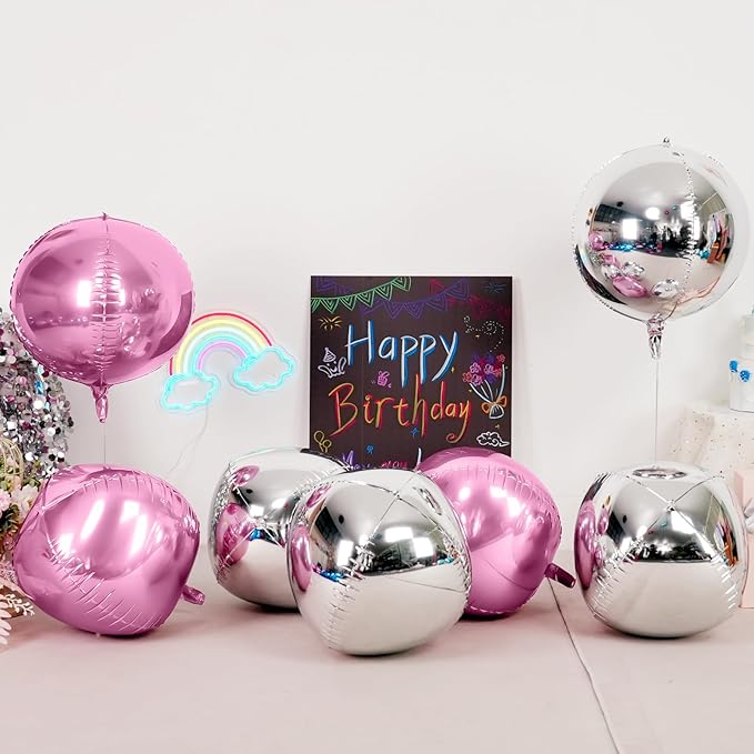 6Pcs Pink Silver Round Foil Balloons, 22inch 4D Metallic Silver Pink Balloons, Large Round Foil Ball Balloon for Girls Women Birthday Anniversary Baby Shower Wedding Party Backdrop Decorations