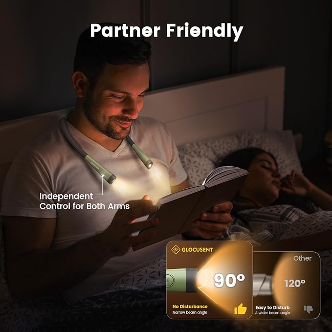 Glocusent Book Light, 3-Color & 6-Brightness Reading Light, Bendable Neck Light, 80-hr Lasting Rechargeable Book Light, Perfect Reading Lights for Books in Bed, Knitting, Repairing, Book Lovers Gifts