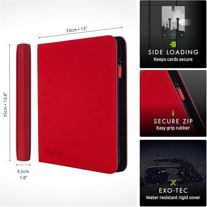 Vault X 12 Pocket Trading Card Zip Binder - 480 cards, Premium Exo-Tec Album Material, 20 Side-Loading Pages, Folder for Collectible Card Games, Sports, TCG (Red)