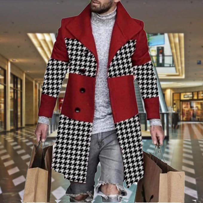 Men's Plaid Long Trench Coat Mid - Length Lapel Collar Button Down Warm Overcoat for Winter & Autumn Fashion