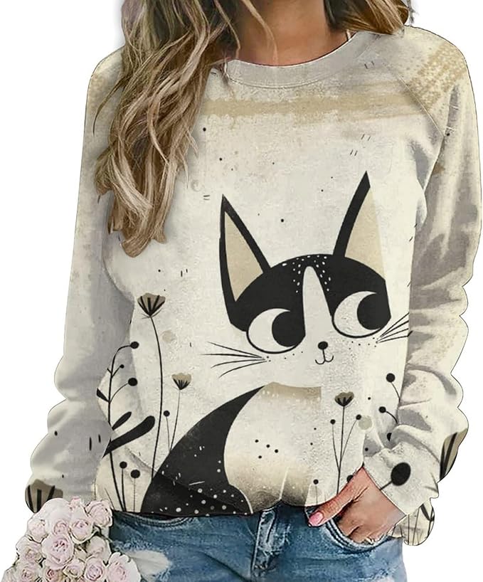 Long Sleeve Shirts for Women Cat Printed Fall Winter Dressy Holiday Casual Fashion Crewneck Tunic Tee Shirts