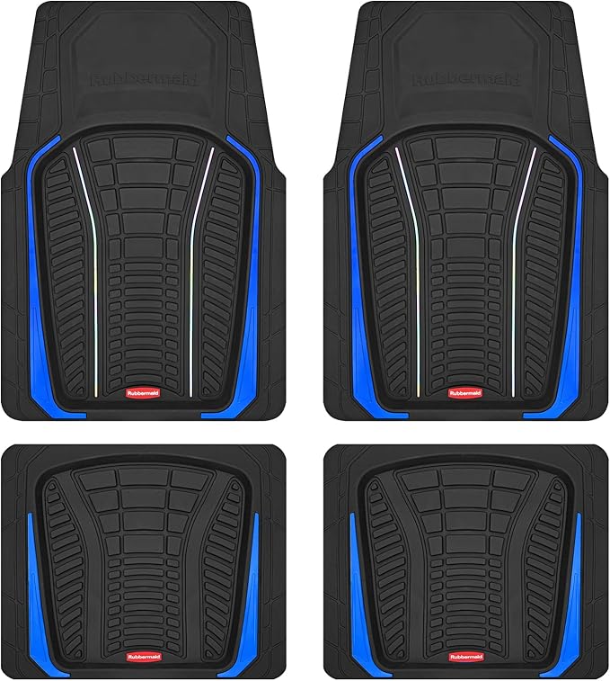 Rubbermaid Car Floor Mats Full Set – Premium All-Weather Car Mat with Brushed Aluminum Inserts, Universal Trim-to-Fit Design, Anti-Slip Backing for Cars, SUVs, Trucks, and Vans