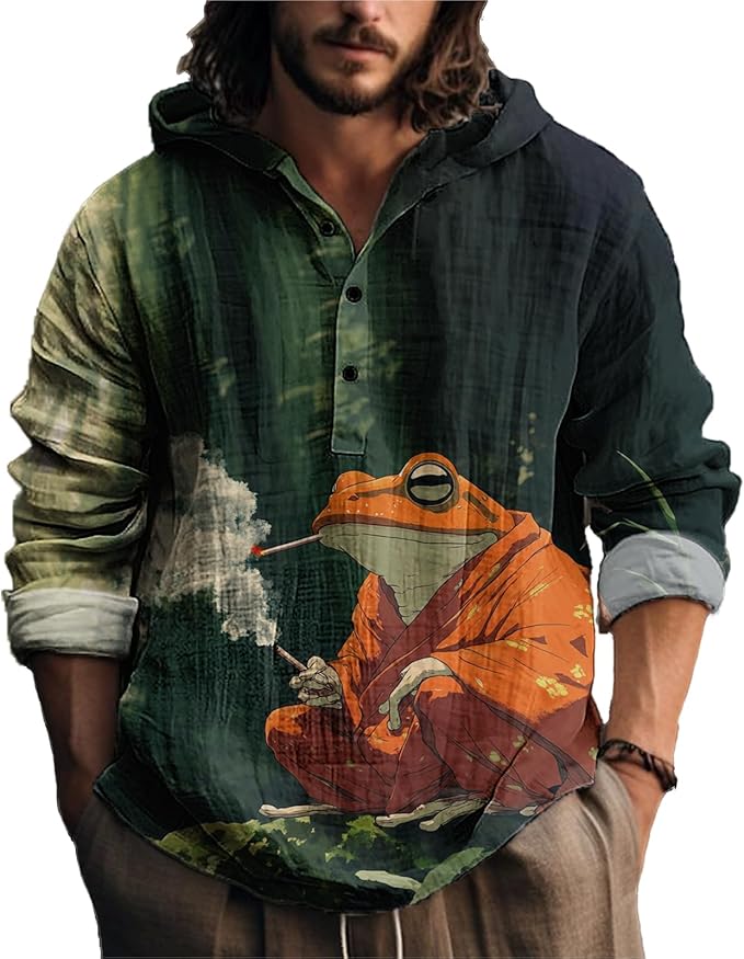 MARSVOVO Mens Japanese Art Long Sleeve Hooded Shirts Lightweight Quarter Button Hoodie Casual Cool Tops for Spring Fall