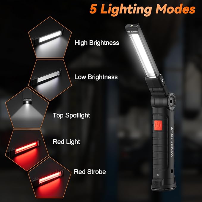 Magnetic Work Light 6Pack, Rechargeable Work Light with 360° Rotation, 5 Mode Mechanic Light, Compact Rechargeable Flashlight with Hook for Car Repairing, Emergency, Valentines Day Tool Gifts for Him