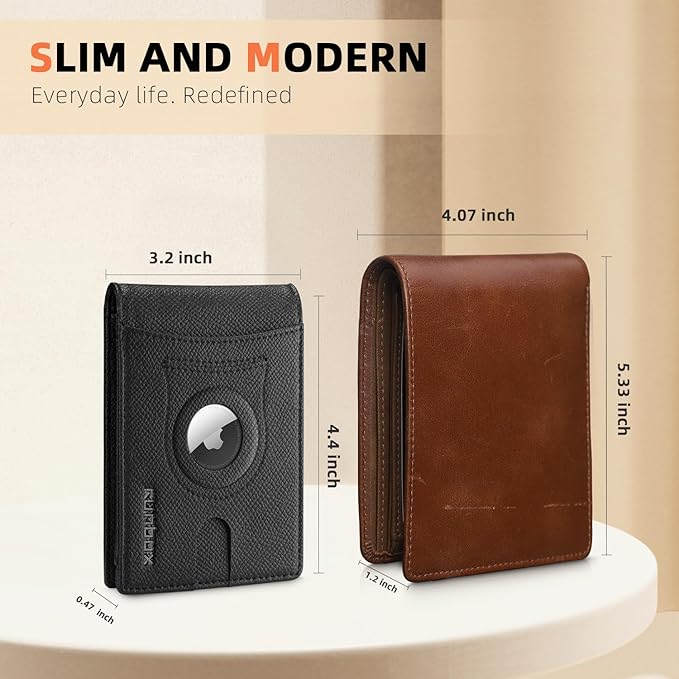 RUNBOX AirTag-Wallet-Mens-Slim-RFID Blocking Wallets Leather with Bill Compartment Air Tag Bifold Card Holder Wallet Gifts for Men Dad