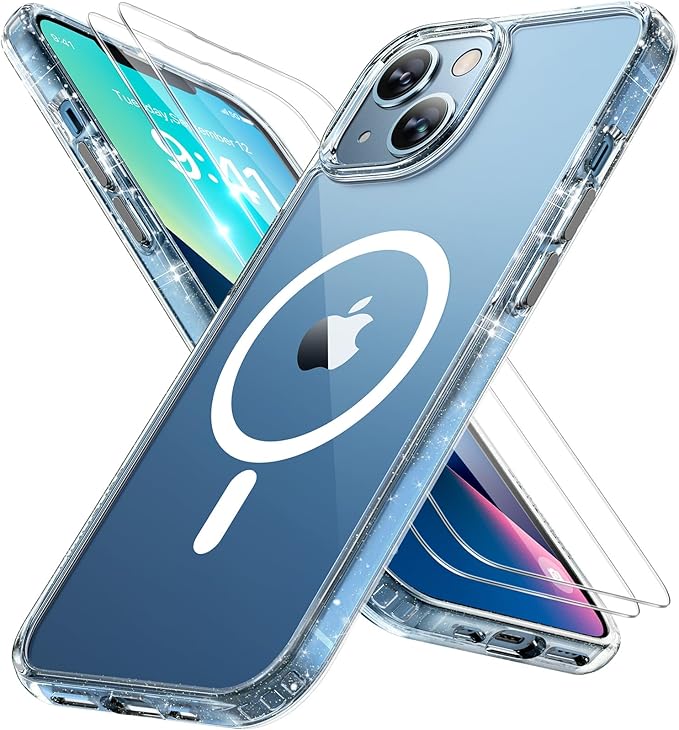 Miracase Magnetic for iPhone 13 Case 6.1 inch (Compatible with MagSafe)（with 2X Screen Protectors） Military-Grade Protection, Anti-Fingerprint Translucent Matte Phone Case Cover, Glitter Clear