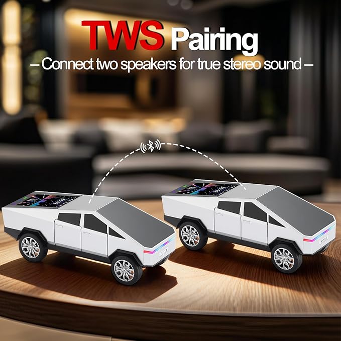 WSTER Futuristic Truck Replica Bluetooth Speaker with LED Display Screen – Practical Gift for Model Collectors, Music Listeners & Tech Fans, TWS Pairing, FM Radio, LED Headlight Detail & Mic (Silver)