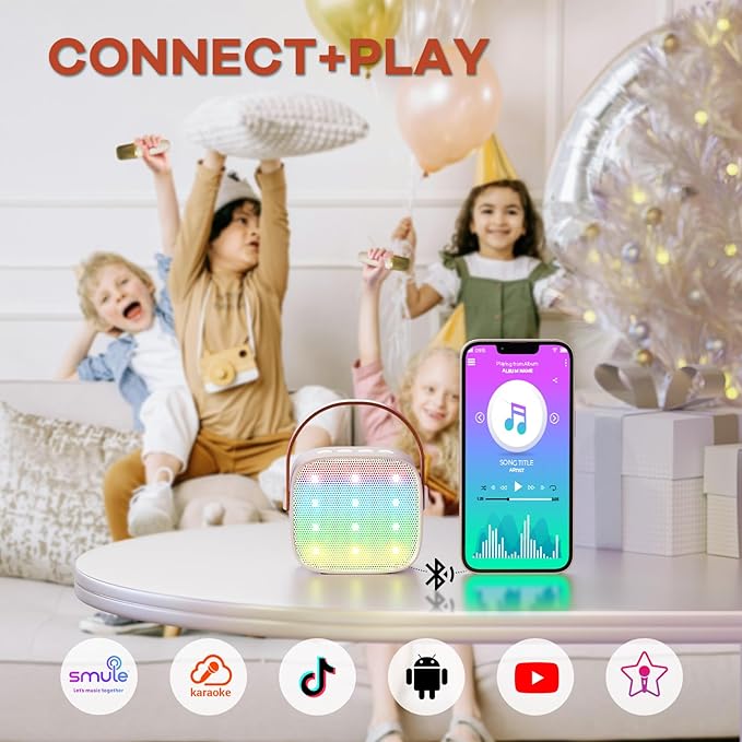 YLL Mini Karaoke Machine with 2 Wireless Microphones for Kids Adults, Portable Bluetooth Speaker Gift for Girls Toys 4, 5, 6, 7, 8, 10, 12+ Years Old Teens Birthday(Beige)