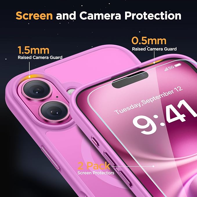Miracase Magnetic Series for iPhone 16 Case [Compatible with MagSafe] [with 2X Screen Protectors] Military-Grade Protection, Anti-Fingerprint, Slim Phone Case for iPhone 16 6.1 inch - Light Purple