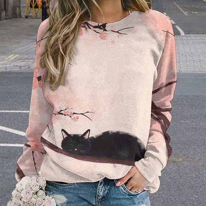 Long Sleeve Shirts for Women Cat Printed Fall Winter Dressy Holiday Casual Fashion Crewneck Tunic Tee Shirts