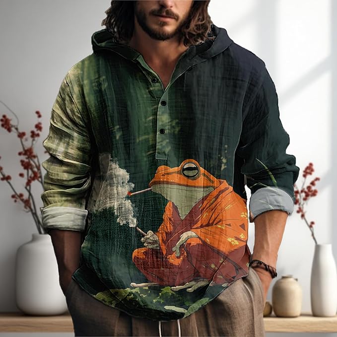 MARSVOVO Mens Japanese Art Long Sleeve Hooded Shirts Lightweight Quarter Button Hoodie Casual Cool Tops for Spring Fall
