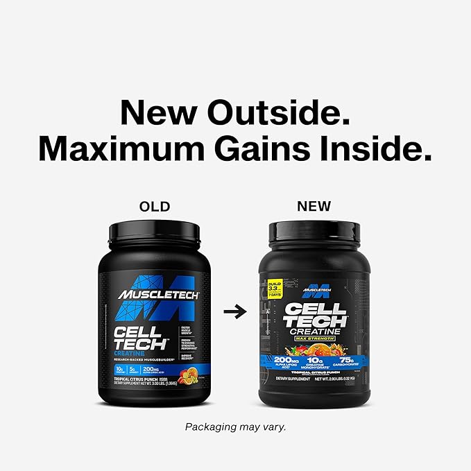 MuscleTech Creatine Monohydrate Powder - Cell-Tech Creatine Powder Post Workout Recovery Drink, Muscle Builder & Musclebuilding Supplement - Tropical Citrus Punch, 3 lbs (27 Serv) - Packaging May Vary